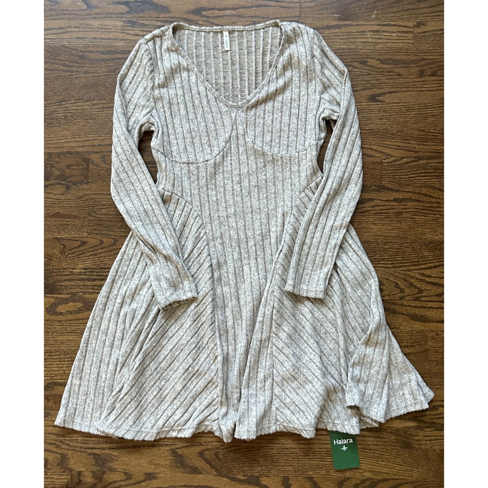 Halara Ribbed Knit V Neck Long Sleeve Flare Mini Dress Warm Gray Medium NWT